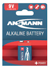 Förpackning av 9V Ansmann alkaliska batterier med blå och röd design.