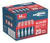 Förpackning med 20 alkaliska AA-batterier från Ansmann, 1.5V, blå och röda, med streckkod och produktinformation.