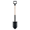 Spade med trähandtag och svart metallblad, D-format grepp på toppen.