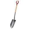 Spade med rundat blad, grå metall och ett träskaft med ett rött D-format handtag.