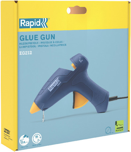 Förpackning med Rapid EG212 limpistol, blå design på gul bakgrund. Texter på flera språk.
