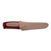 Morakniv med beige slida och rött handtag, texten "MORAKNIV" på slidan.