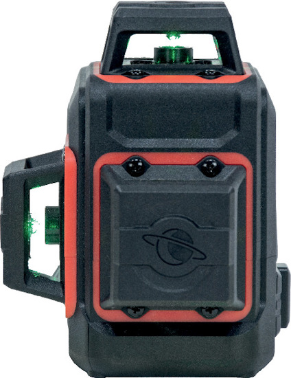 Laserpass med gröna linjer och rött hölje, inbyggd i ett svart och robust fodral.