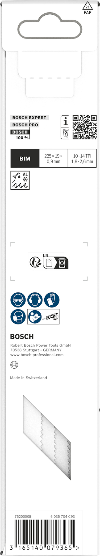 Förpackning med Bosch sticksågblad, Expert-serie, BIM-material, längd 100mm, inklippta instruktioner och symboler.