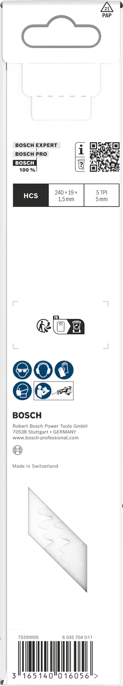 Förpackning med svarta och blåa ikoner, streckkod och texten "Bosch Expert HCS" och "Made in Switzerland".