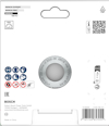 Förpackning för Bosch slipmaterial, innehållande varning- och säkerhetssymboler samt QR-kod. Made in China.