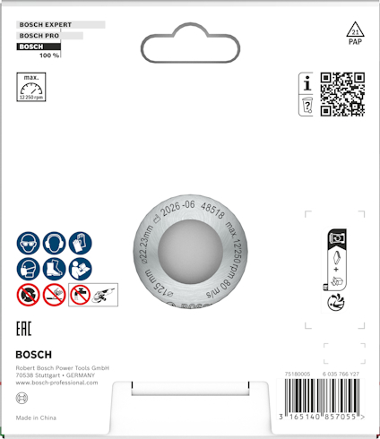 Förpackning för Bosch slipmaterial, innehållande varning- och säkerhetssymboler samt QR-kod. Made in China.