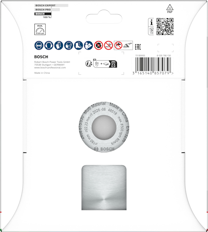 Förpackning av ett borrhuvud från Bosch, inklusive logotyper och diverse varningssymboler. Streckkod och produktinformation synlig.