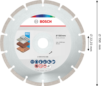 Diamantklinga med Bosch-logotyp, diameter 180 mm, 22,23 mm hål. Klar för olika material, max 8500 rpm.